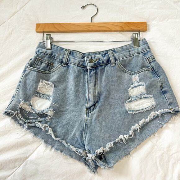 Shein Distressed Denim Shorts Women’s Size 6 Blue High Rise Frayed Hem - Picture 1 of 5
